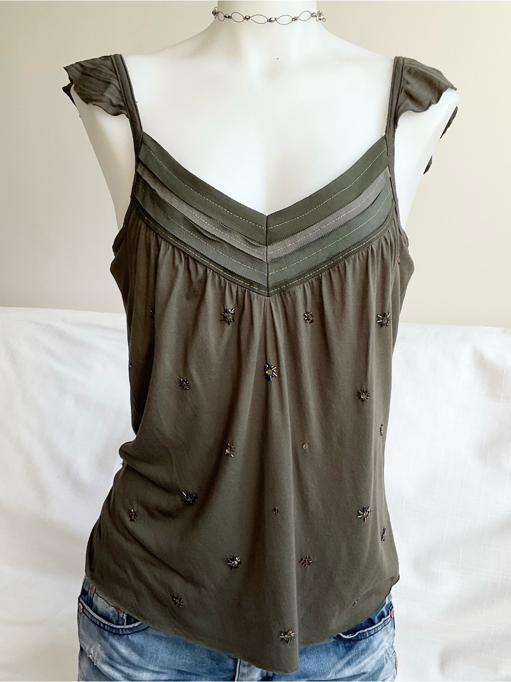 DKNY City | Y2K Beaded Modal Tank Olive Green Ribbon Trim | M